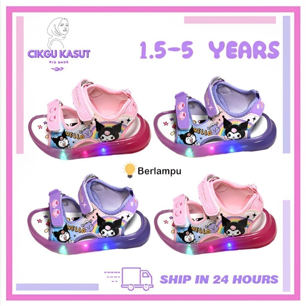 21-30 Sandal Budak Perempuan Kids Girls Berlampu Kuromi Sanrio LED Light Strap Breathable Anti-slip 1 Tahun HK79